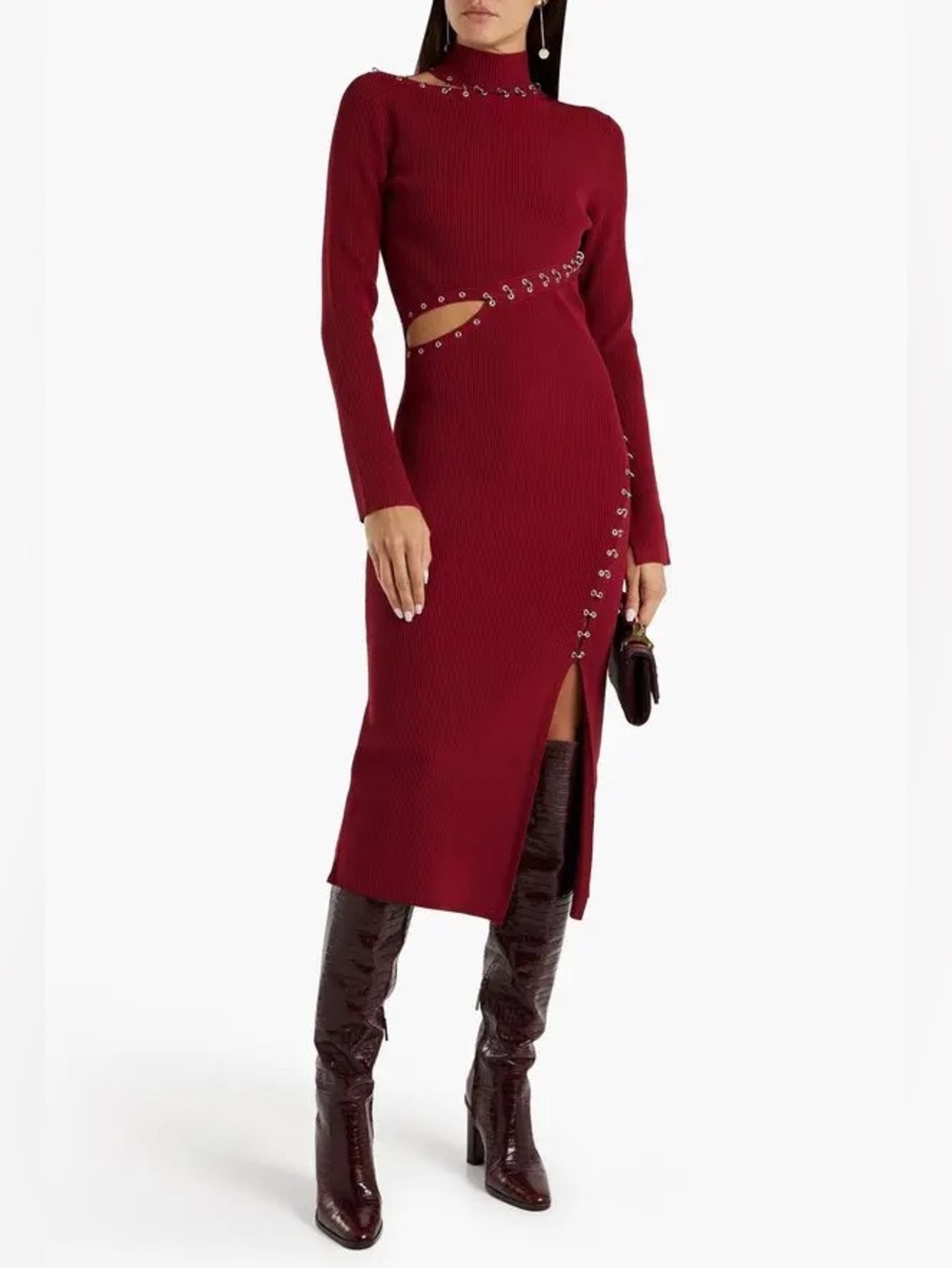 NICHOLAS Saba Cutout Embellished Ribbed-Knit Turtleneck Midi Brick Dress NWOT S